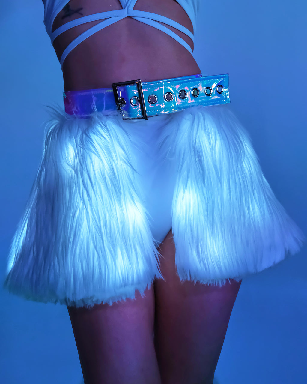 J Valentine FR151 - Light-Up Faux Fur Belted Skirt, L/XL / White