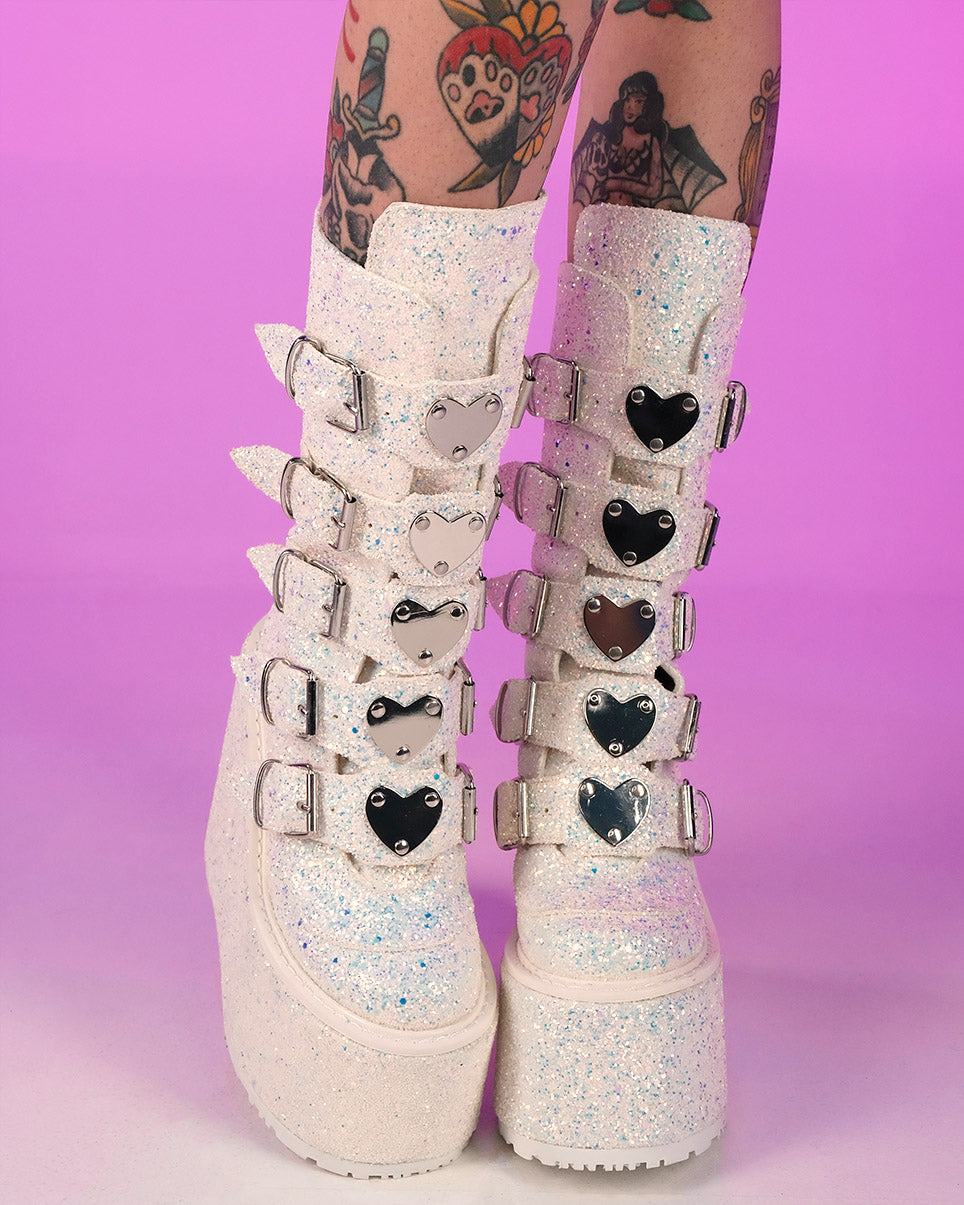 Demonia White Multi Glitter Platform Mid Calf Boots