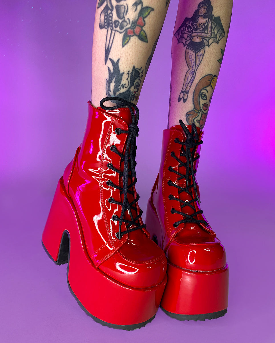 Demonia Red Patent Chunky Lace Up Boots