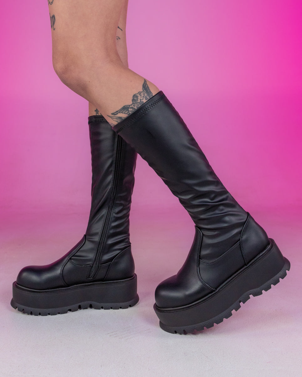 Demonia Holographic Black Stacked Platform Ankle Boots
