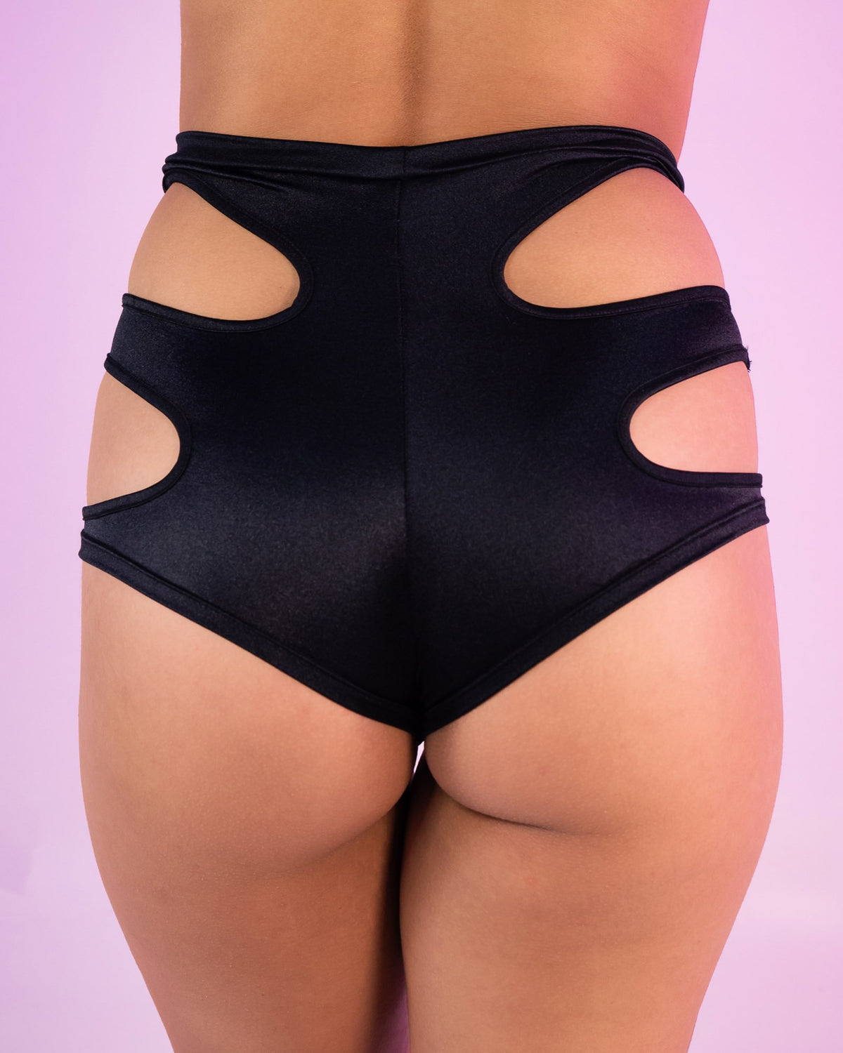 Peek-A-Booty Side Ruched Glossy Spandex Shorts (Black)