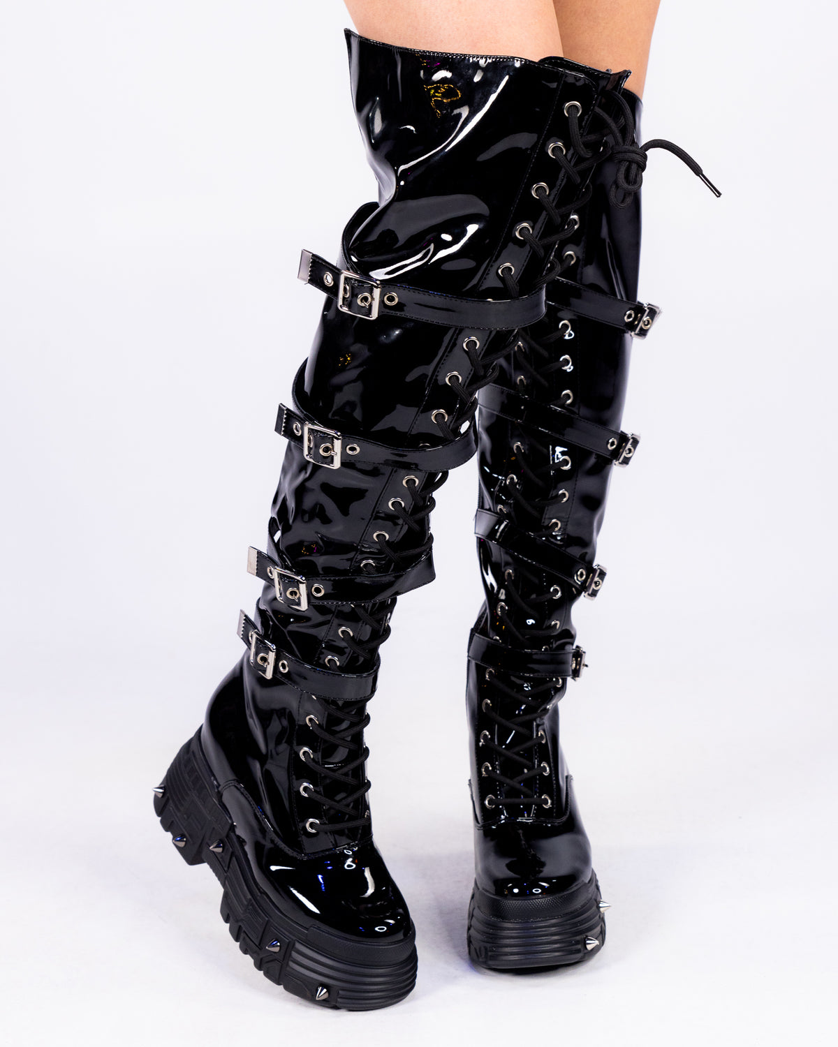 Afterlife Women's Black Patent Knee High Wedge Combat Boots