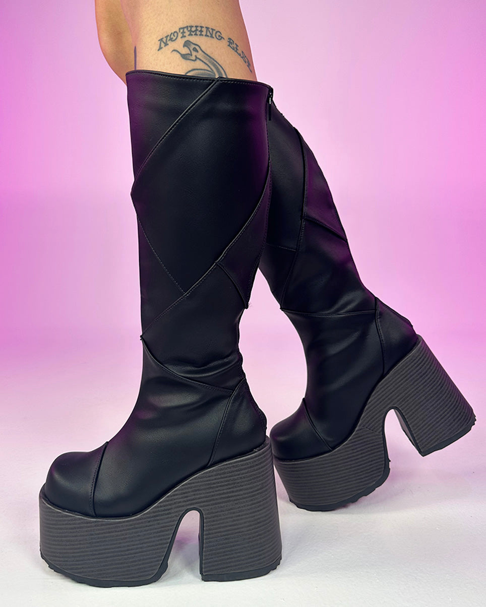 Patchwork knee high clearance boots