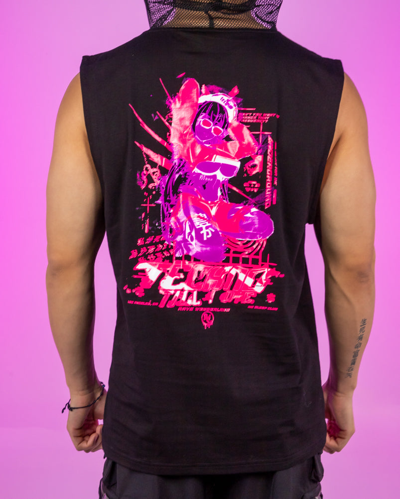 Ms. Techno Baddie Anime UV Neon Pink Fishnet Sleeveless Hoodie