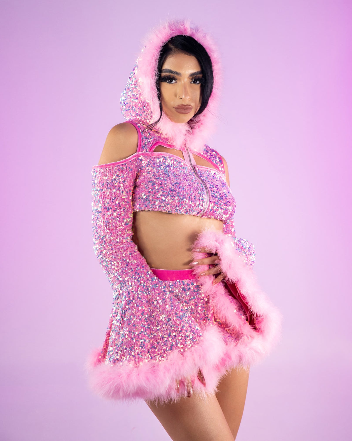 Baby Pink Sequin Fields Cutout Long Sleeve Hooded Crop Top – Rave