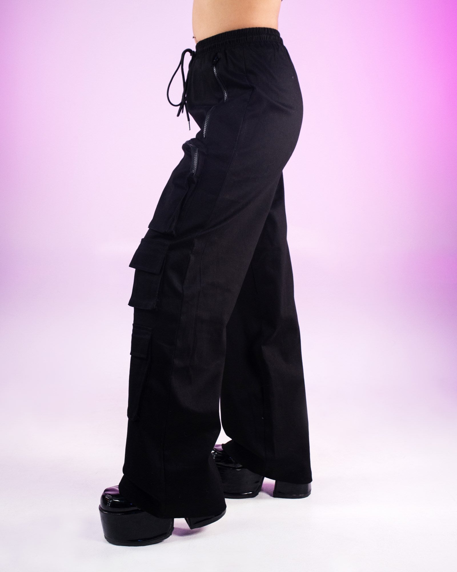 Black Follow Me Cotton Wide Flare Leg Cargo Pants