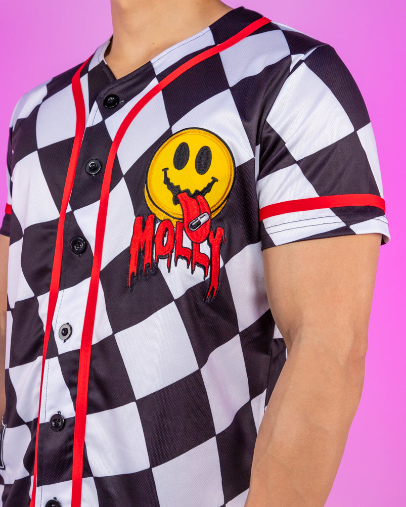 Checkered Molly Monster Smiley Face Black and White Baseball Jersey M | Rave Wonderland | Outfits Rave | Festival Outfits | Rave Clothes