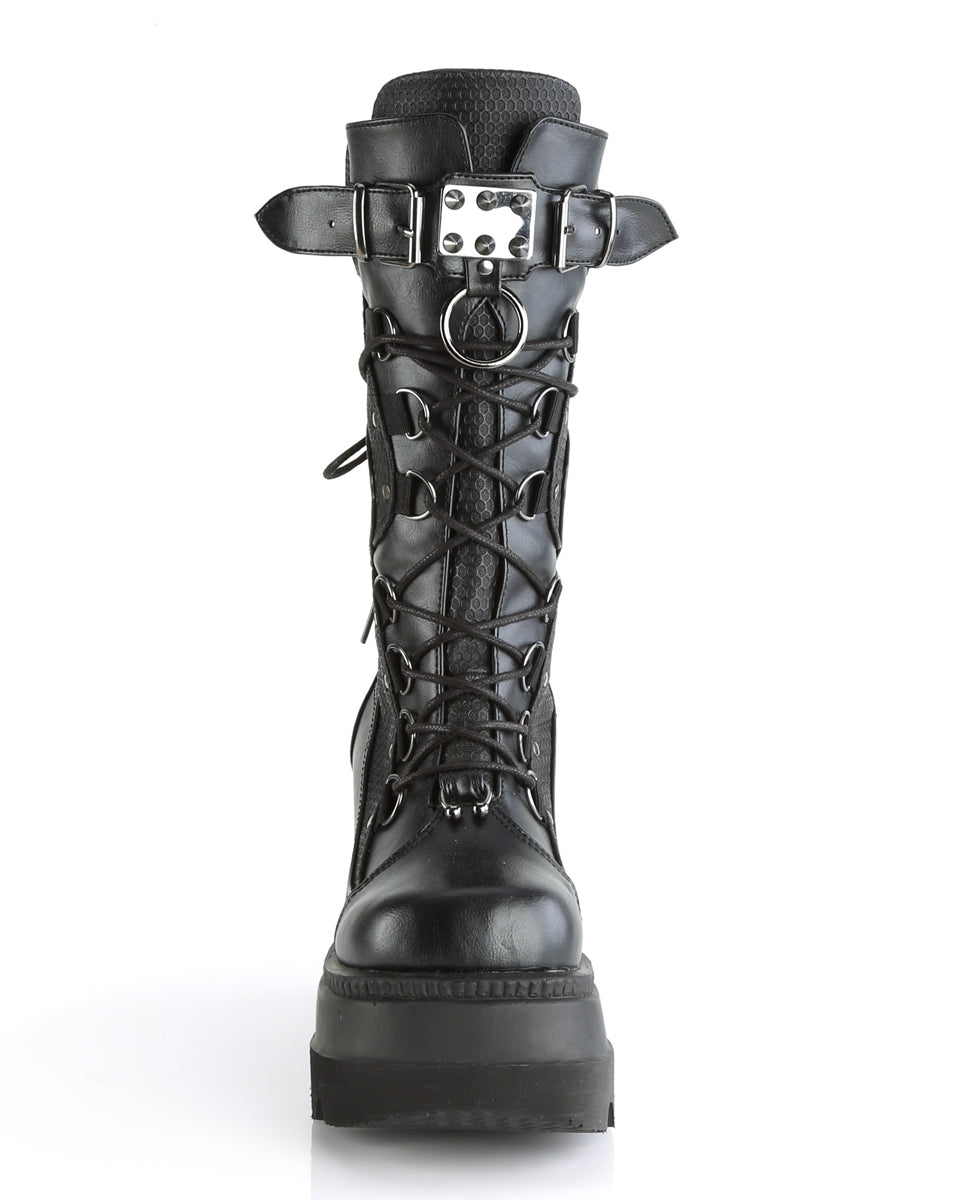 Demonia Matte Black Studded Mid-Calf Platform Boots