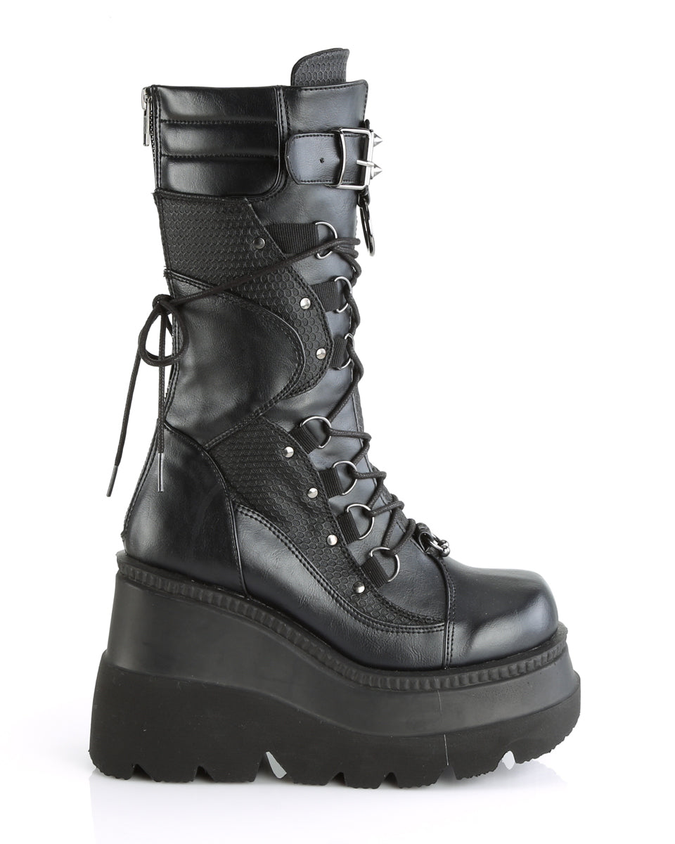 Demonia Matte Black Studded Mid-Calf Platform Boots