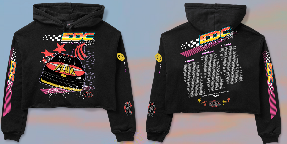 Insomniac EDCLV 2024 PLUR Race Crop Hoodie