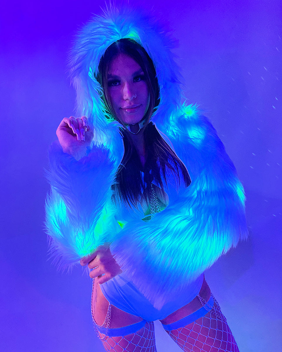 Green LED White Furry Cropped Hooded Jacket