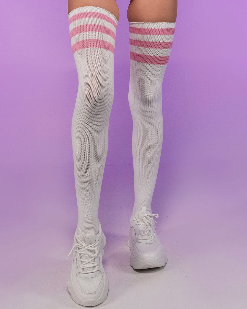 Rainbow and White Striped Thigh High Socks