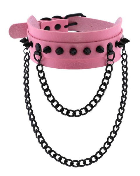 Spike Faux Leather Choker with Hanging Chains