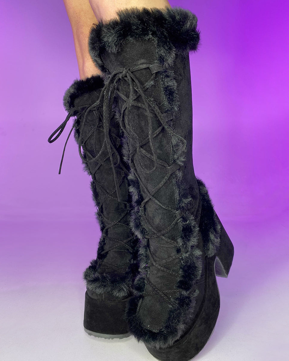 Demonia Black Furry Winter Faux Fur Boots Rave Wonderland