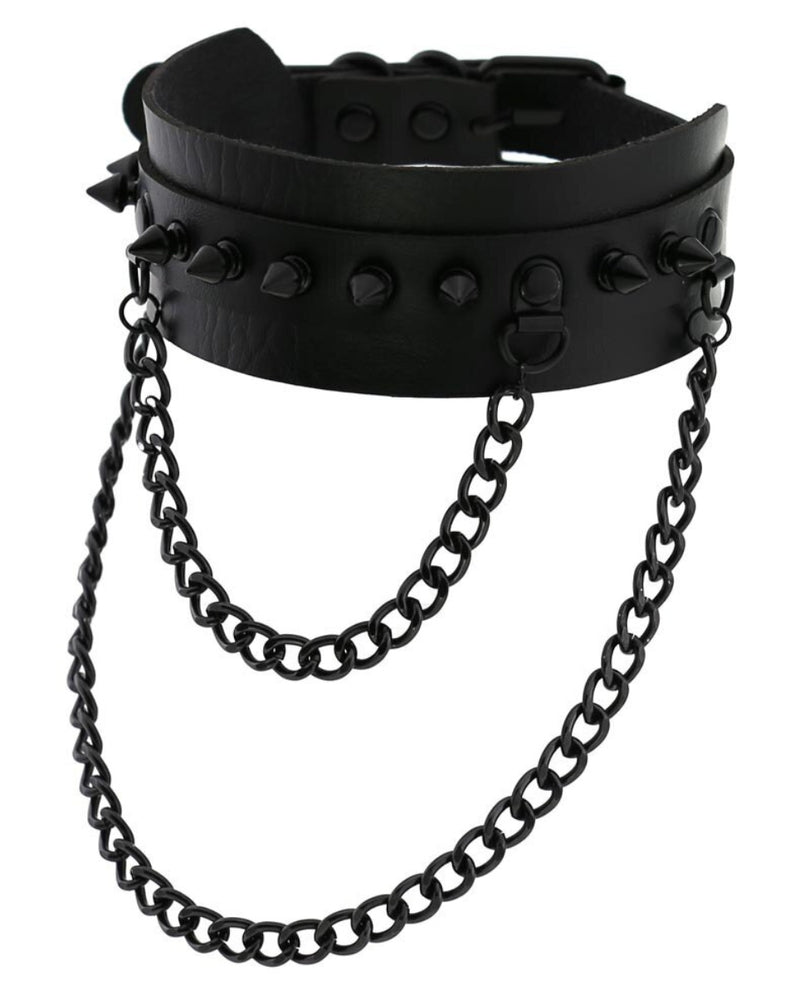 Spike Faux Leather Choker with Hanging Chains – Rave Wonderland