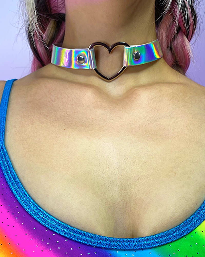 Holographic Choker with Heart Ring - Rave Wonderland