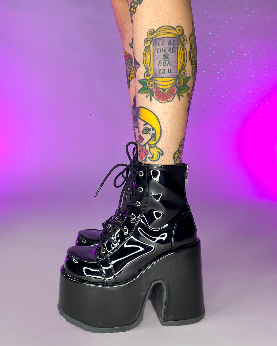 Demonia Black Patent Lace Up Platform Ankle Boots Rave Wonderland