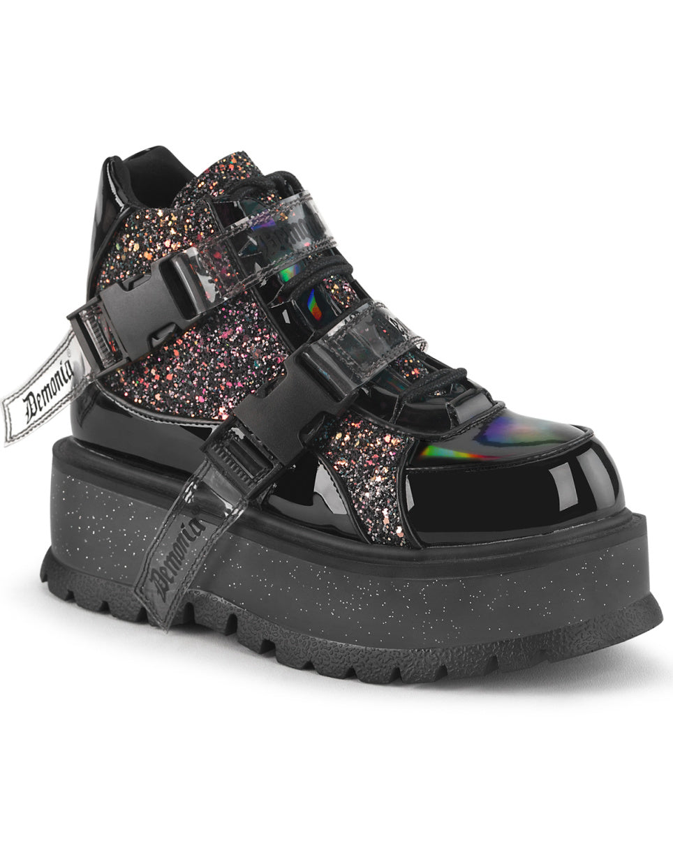 Demonia Slacker Black Glitter Ankle Boots Rave Wonderland