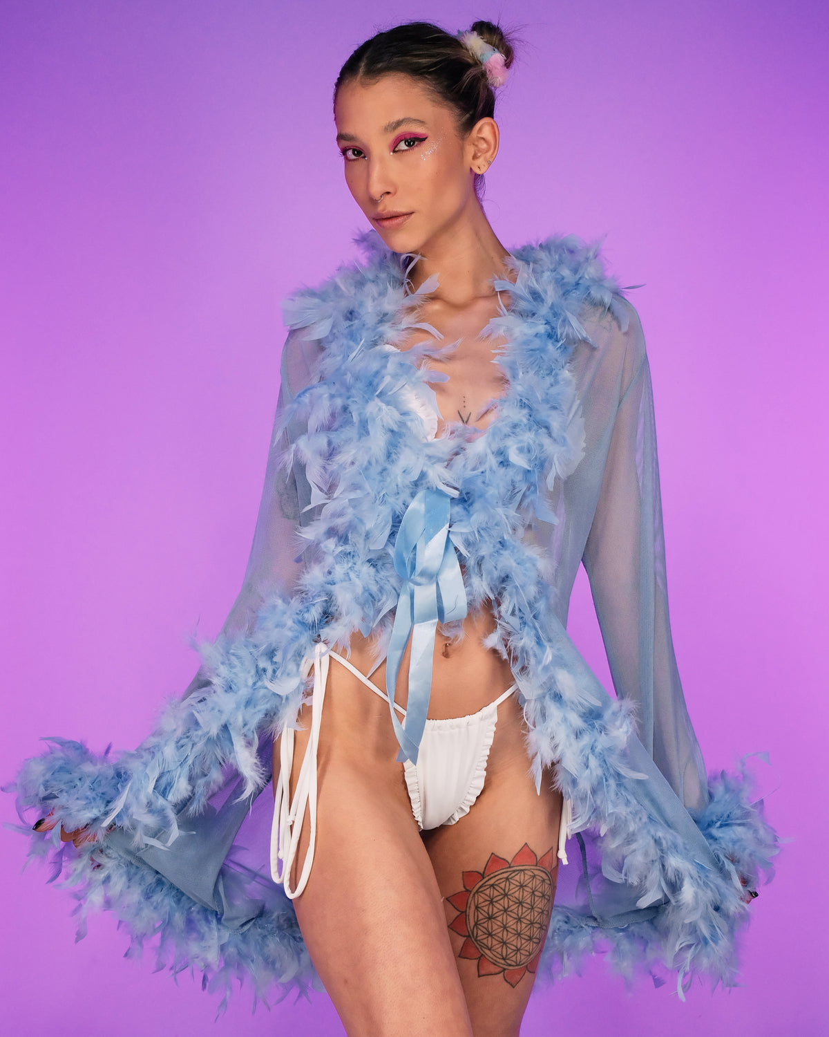 Lady Love Sheer Short Robe With Boa Feather Trim