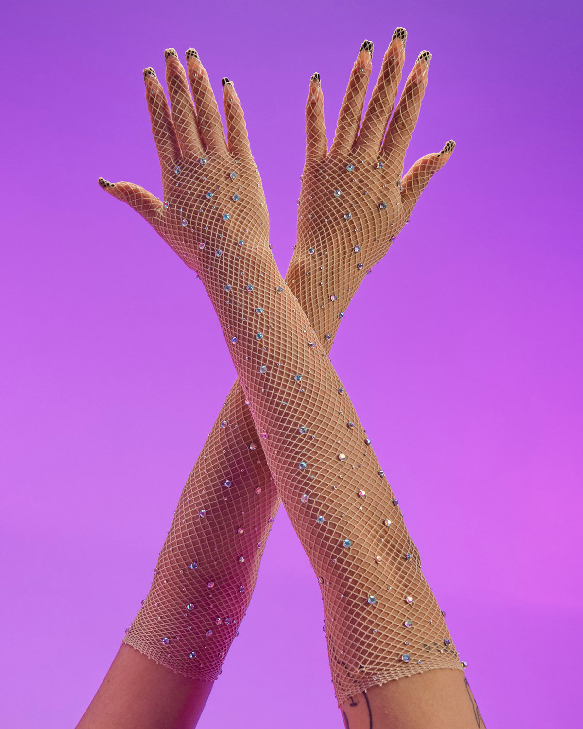 Nude Rhinestone Fishnet Long Gloves – Rave Wonderland