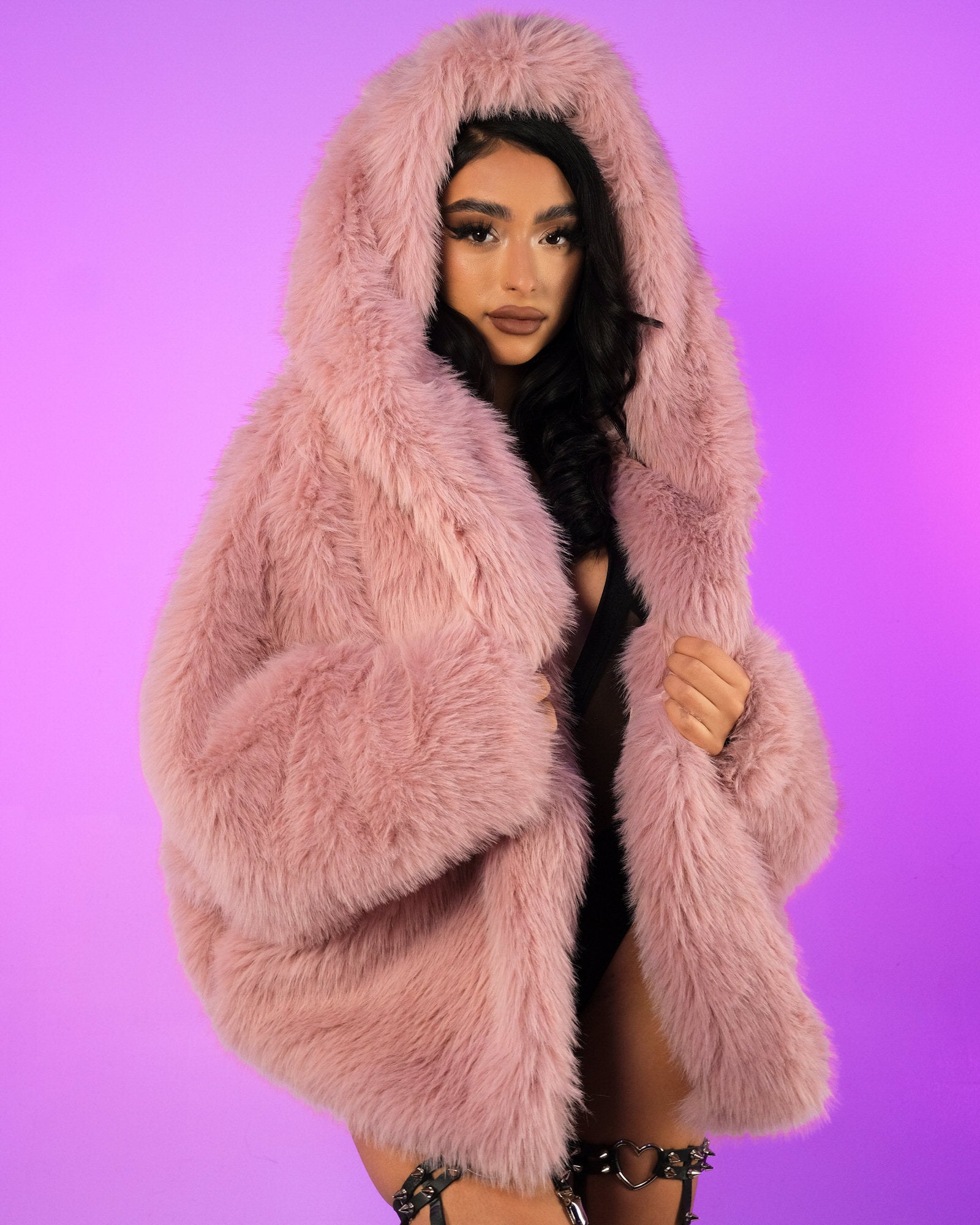 Long fluffy discount jacket with hood