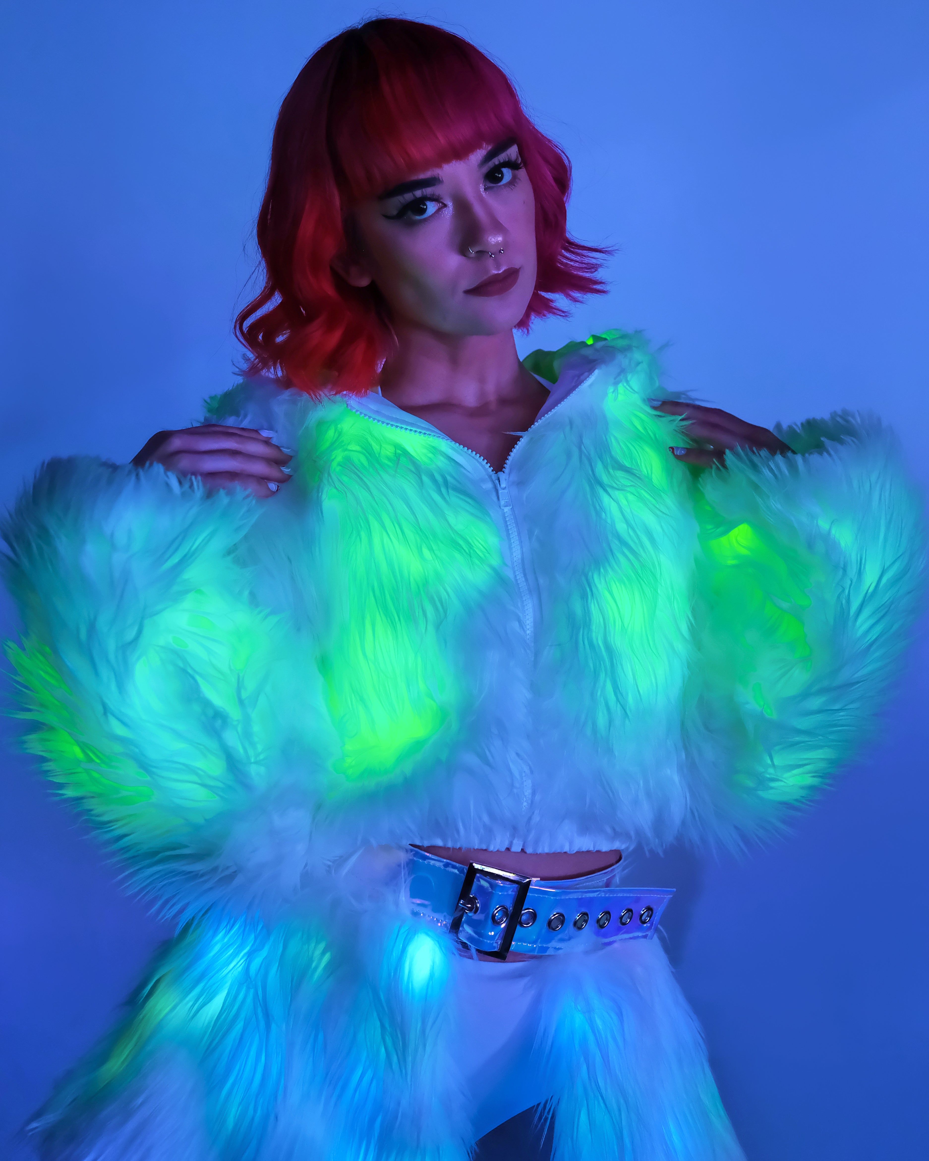 Green LED White Furry Cropped Hooded Jacket