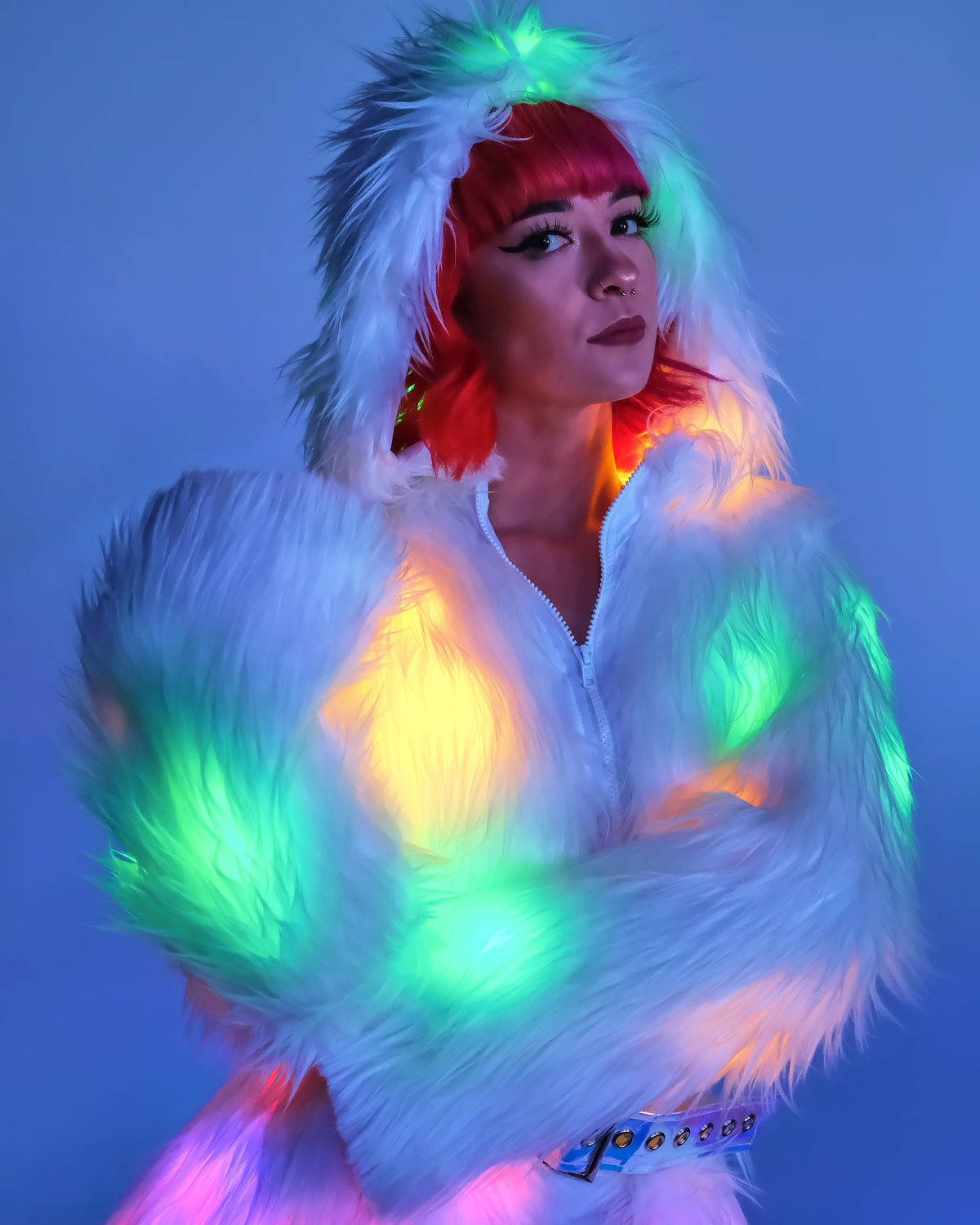 Multi-Color LED White Furry Cropped Hooded Jacket
