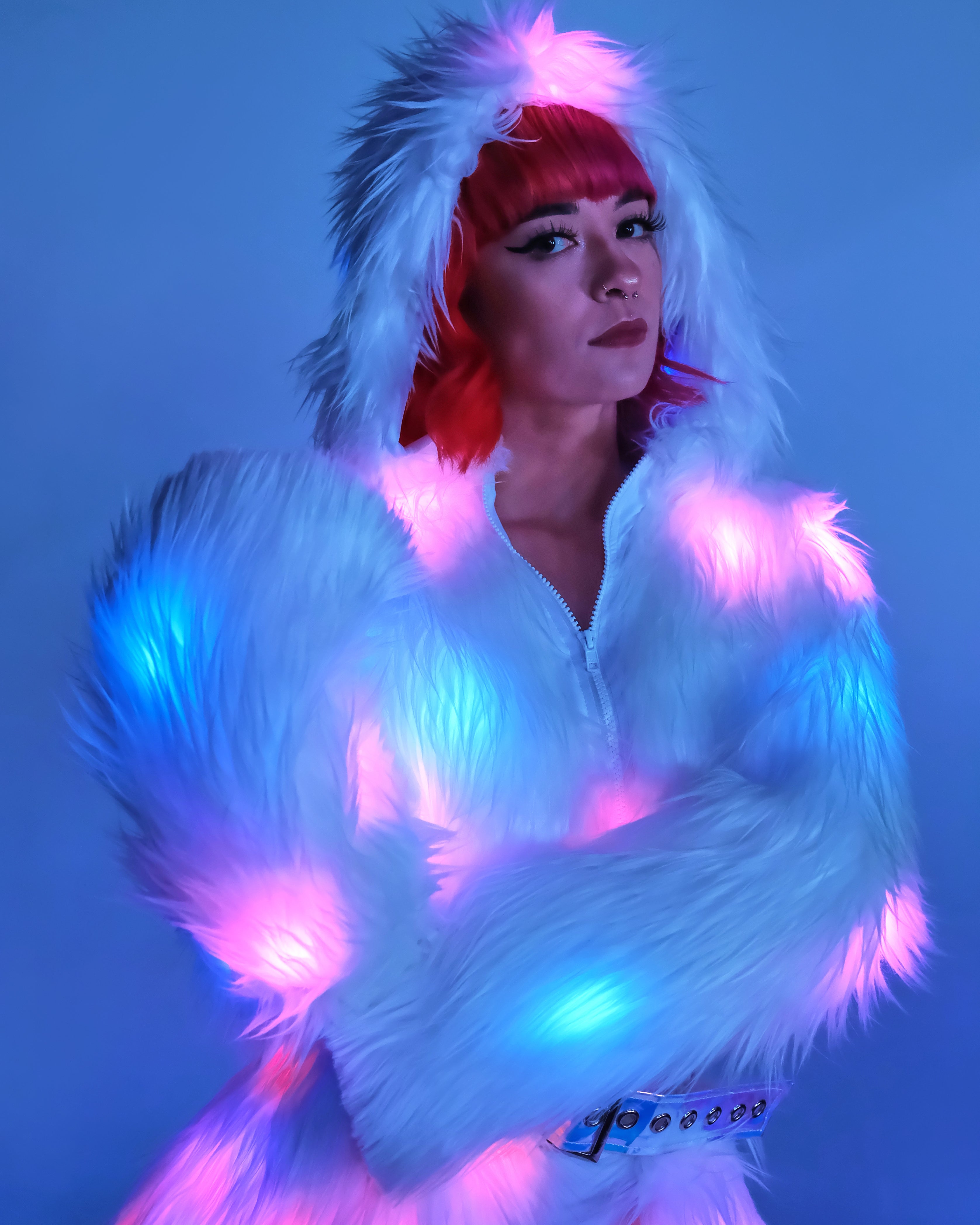 Multi-Color LED White Furry Cropped Hooded Jacket – Rave Wonderland
