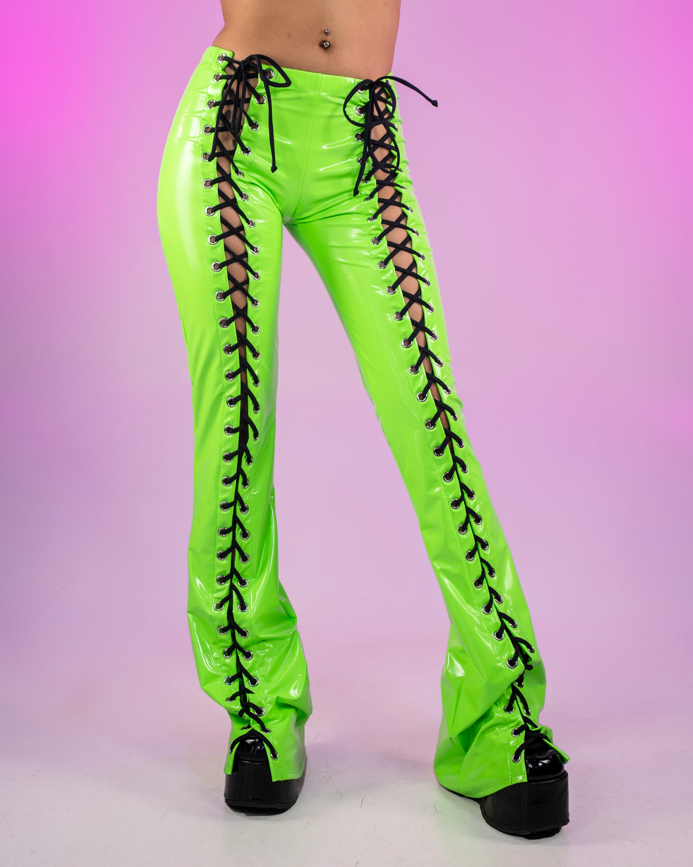 Bound To Me Neon Lime and Black Stretch PVC Lace-Up Flared Pant – Rave  Wonderland