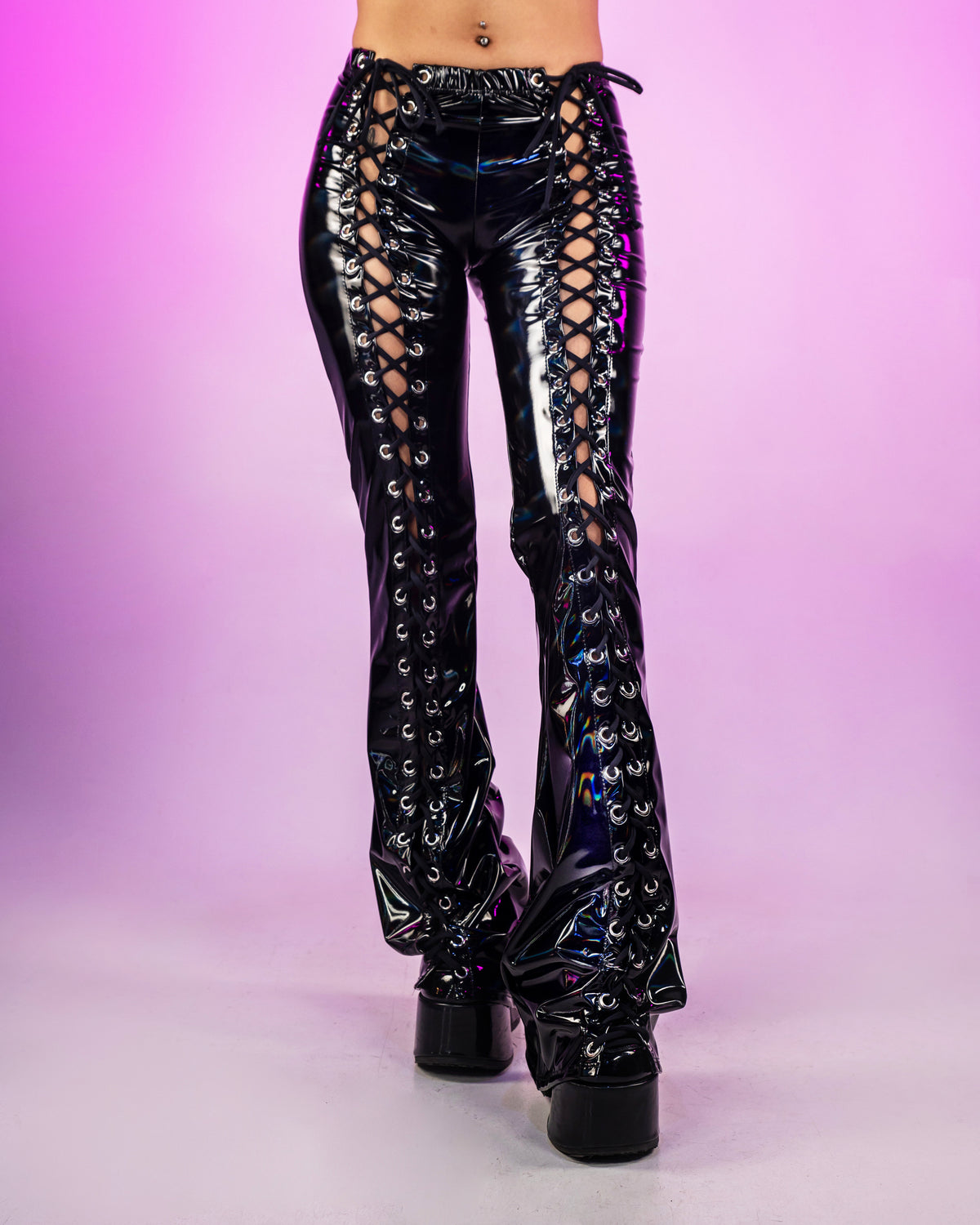 Flared Lace-Up Vinyl Pants
