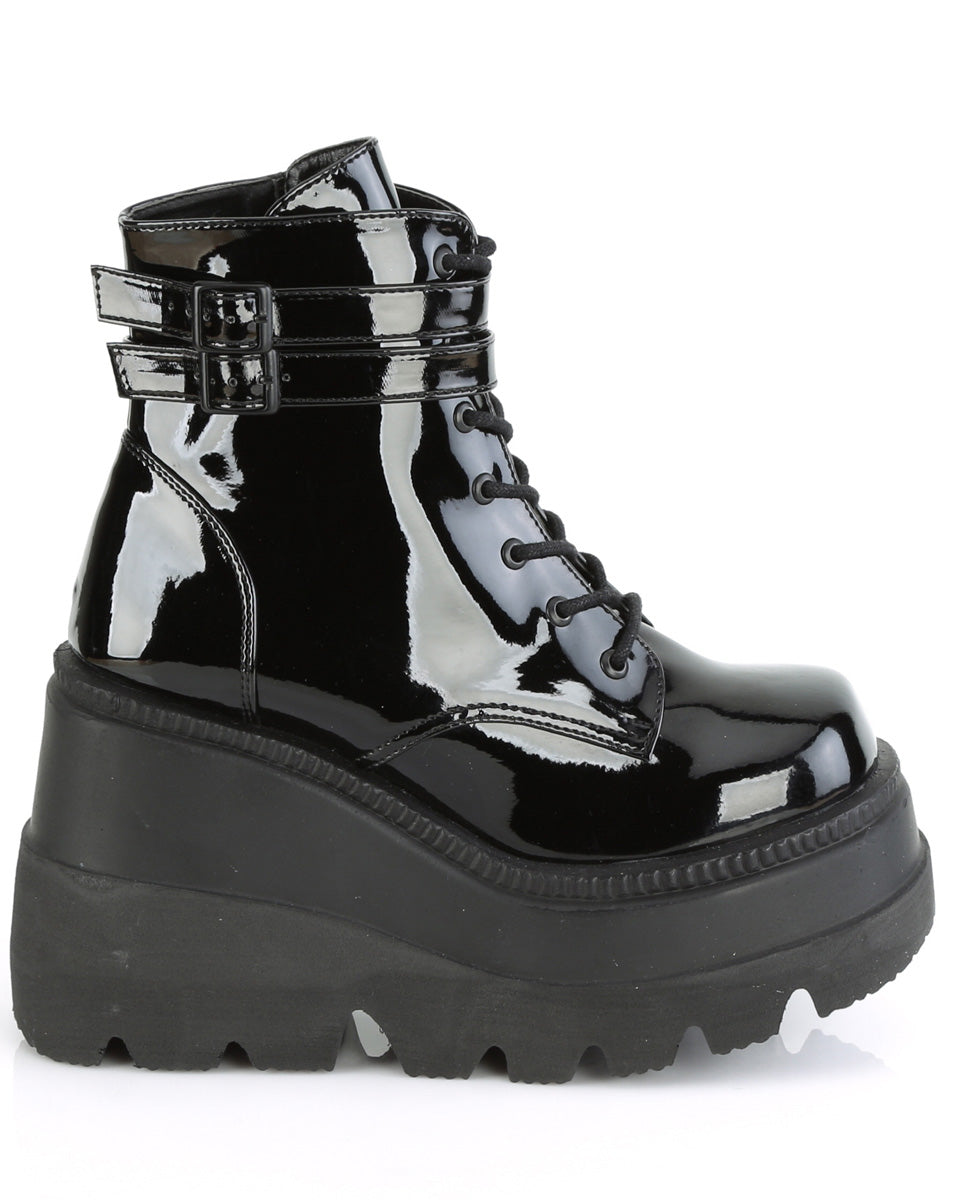 Demonia Black Patent Lace-Up Platform Ankle Boots